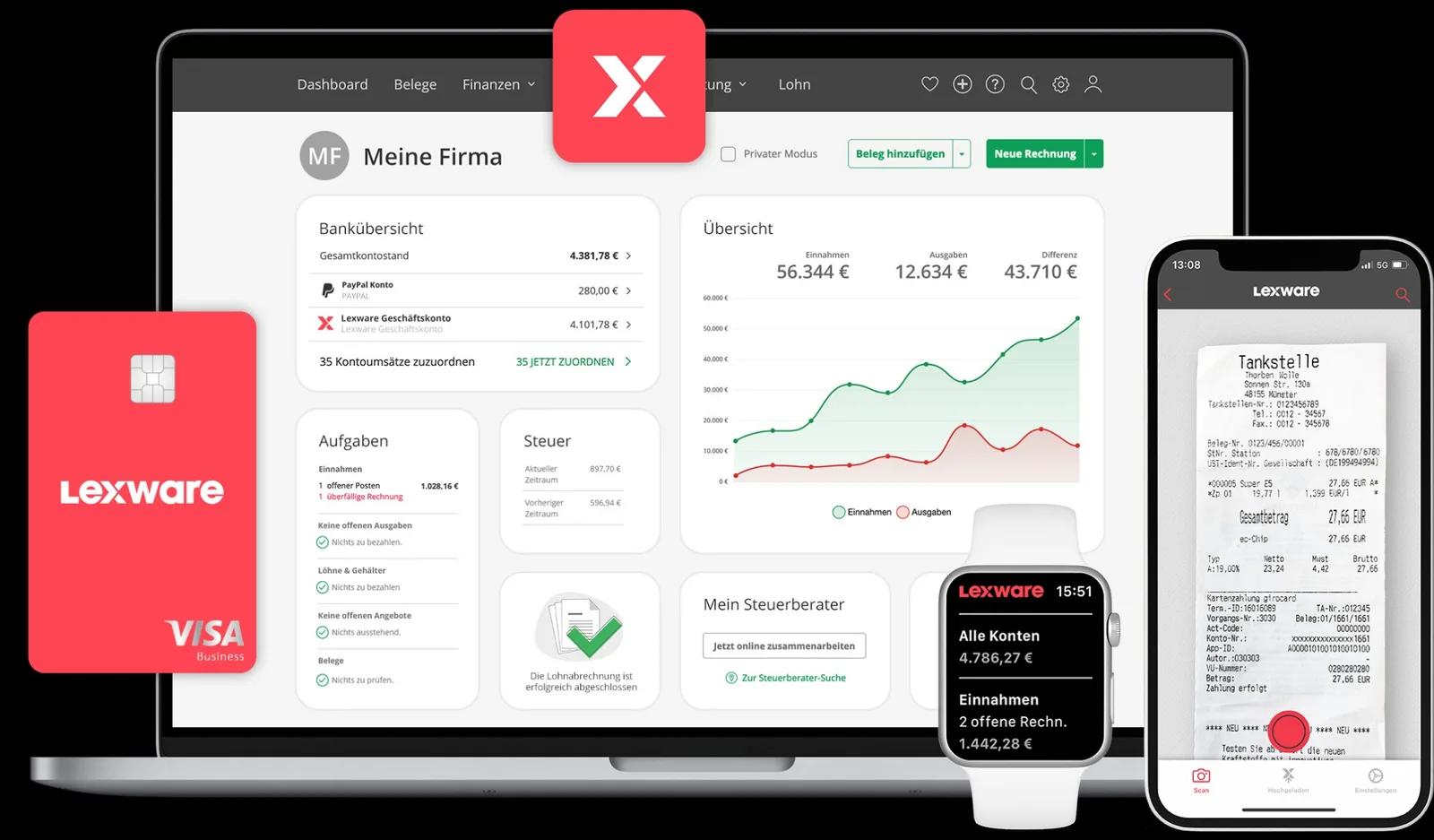 Lexware Office im Browser, auf Smartphone und Smartwatch, daneben die Lexware Visa Business Karte (Werbematerial von Lexware)