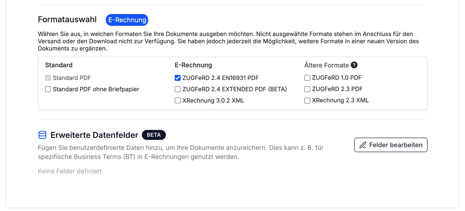 Formatauswahl in easybill mit ZUGFeRD 2.4 und XRechnung 3.0.2