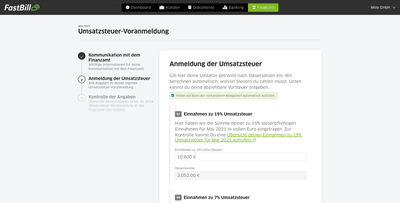 Umsatzsteuer-Voranmeldung in FastBill mit automatisch ausgefüllten Feldern